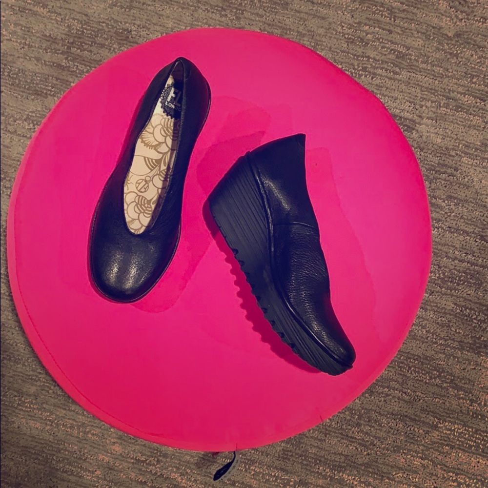 Fly London Black Leather Wedge Shoes